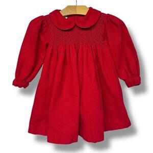 Vintage Samara Dress Red Corduroy Smocked Peter Pan Collar Belted Cotton Sz 2T